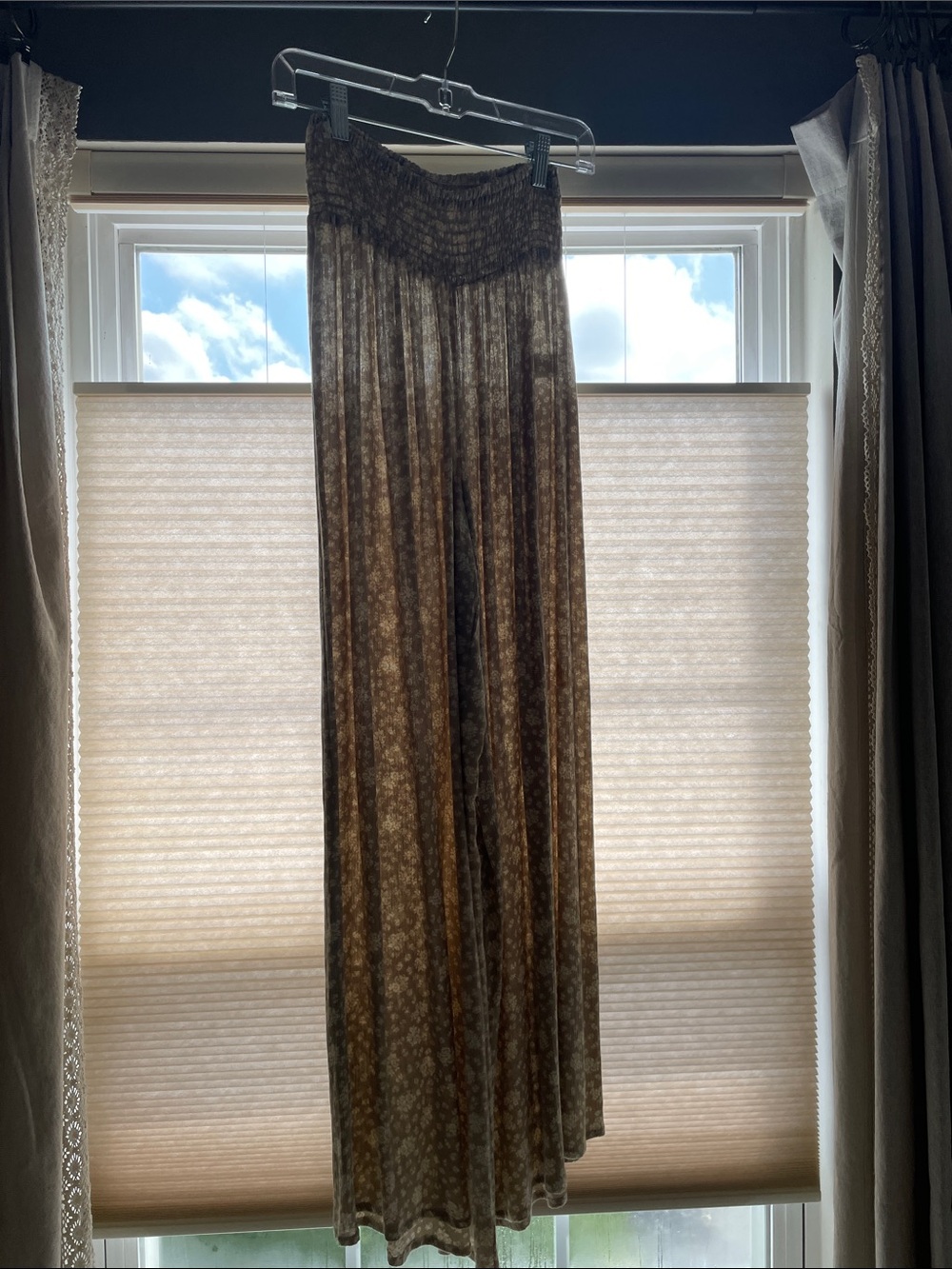 Brown Floral Wide-Leg Palazzo Pants with Smocked Waist